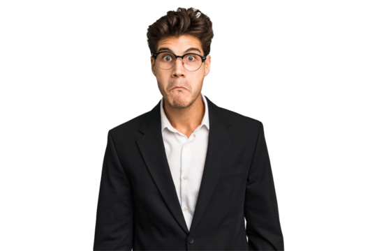 Young caucasian business man isolated shrugs shoulders and open eyes confused.
