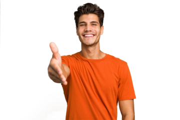 Young caucasian handsome man isolated stretching hand at camera in greeting gesture.