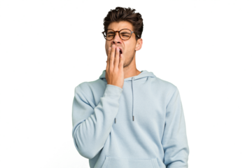 Young caucasian handsome man isolated yawning showing a tired gesture covering mouth with hand.