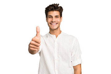 Young caucasian handsome man isolated smiling and raising thumb up