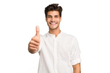Young caucasian handsome man isolated smiling and raising thumb up