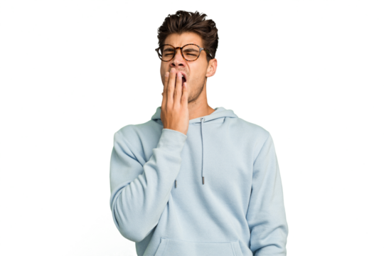 Young caucasian handsome man isolated yawning showing a tired gesture covering mouth with hand.