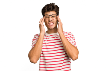 Young caucasian handsome man isolated touching temples and having headache.