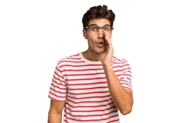 Young caucasian handsome man isolated is saying a secret hot braking news and looking aside