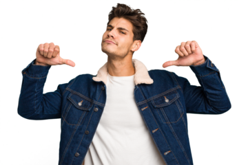 Young caucasian handsome man isolated feels proud and self confident, example to follow.