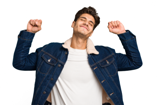 Young caucasian handsome man isolated stretching arms, relaxed position.