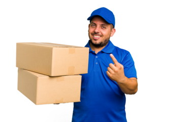 Delivery caucasian man isolated pointing with finger at you as if inviting come closer.