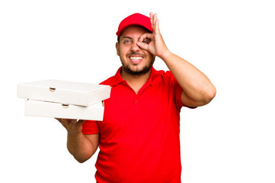 Pizza delivery caucasian man with work uniform picking up pizza boxes isolated excited keeping ok gesture on eye.