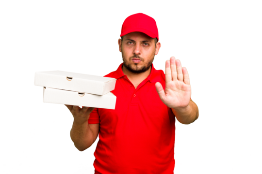 Pizza delivery caucasian man with work uniform picking up pizza boxes isolated standing with outstretched hand showing stop sign, preventing you.