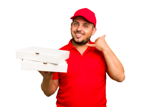 Pizza delivery caucasian man with work uniform picking up pizza boxes isolated showing a mobile phone call gesture with fingers. - Powered by Adobe