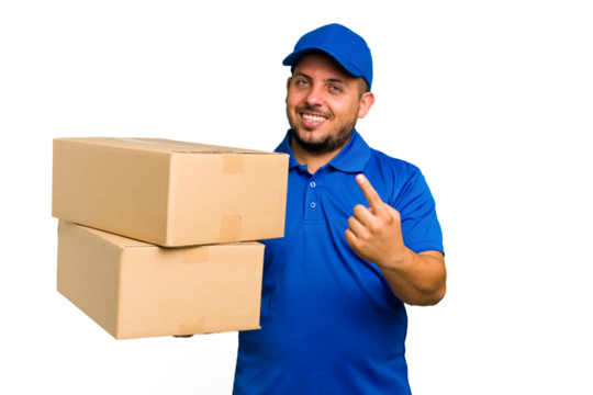 Delivery caucasian man isolated pointing with finger at you as if inviting come closer.
