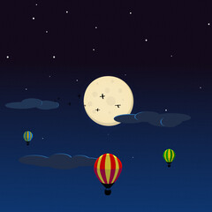 Vector illustration of balloons on the background of the sunset and the light of the moon flying in the clouds