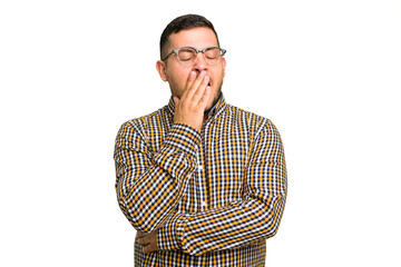 Young caucasian man isolated yawning showing a tired gesture covering mouth with hand.