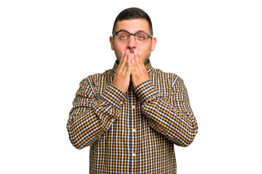 Young caucasian man isolated shocked covering mouth with hands.