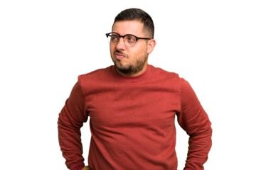 Young caucasian man isolated confused, feels doubtful and unsure.