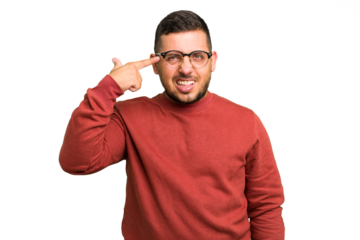 Young caucasian man isolated showing a disappointment gesture with forefinger.