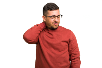 Young caucasian man isolated suffering neck pain due to sedentary lifestyle.