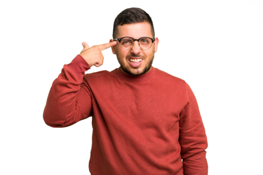 Young caucasian man isolated showing a disappointment gesture with forefinger.