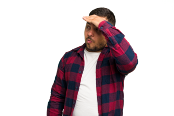 Young caucasian man isolated looking far away keeping hand on forehead.