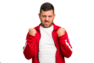 Young caucasian man isolated upset screaming with tense hands.