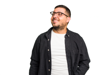 Young caucasian man isolated relaxed and happy laughing, neck stretched showing teeth.