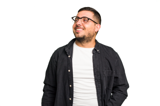 Young caucasian man isolated relaxed and happy laughing, neck stretched showing teeth.