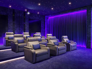 3d render of a chic home cinema room with blue hidden lights and velvet armchairs with table lamps and a big movie screen. The ceiling is covered by stars	
 - obrazy, fototapety, plakaty