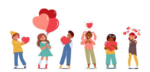 Little Children Holding Hearts and Balloons in Hands. Concept of Love, Self Love, Party Celebration, Donation - obrazy, fototapety, plakaty