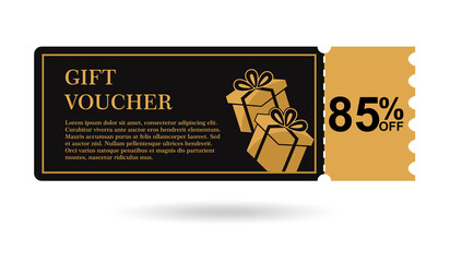 Golden gift voucher 85% off. discount gift voucher 85% sale for website, internet ads, social media. Discount gift voucher, beautiful design. vector illustration 