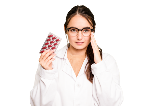 Young pharmacist woman holding a pills isolated on green chroma background pointing temple with finger, thinking, focused on a task.