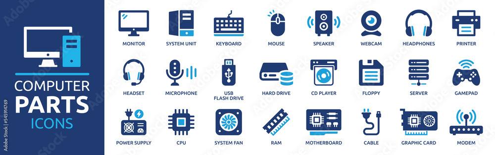 Aufkleber computer parts icon set. computer components icons containing monitor, server, cpu, hard drive, ram,