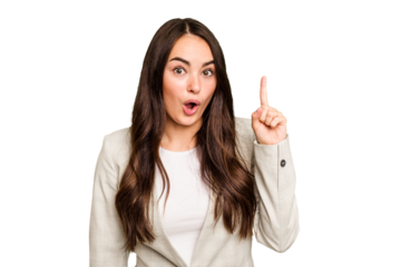 Young caucasian woman isolated on green chroma background having some great idea, concept of creativity.