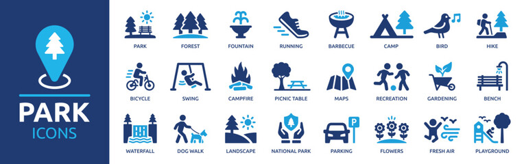 Park icon set. Containing forest, barbecue, camp, bench, picnic and playground icons. Park leisure and outdoor activity symbols. Solid icon collection. - obrazy, fototapety, plakaty