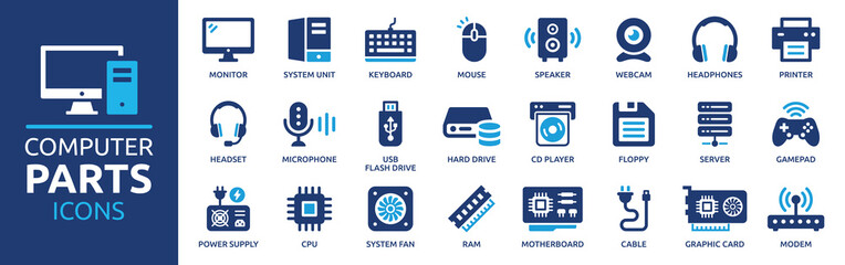 Fototapeta Computer parts icon set. Computer components icons containing monitor, server, cpu, hard drive, ram, webcam, printer and more. Solid icon collection. obraz