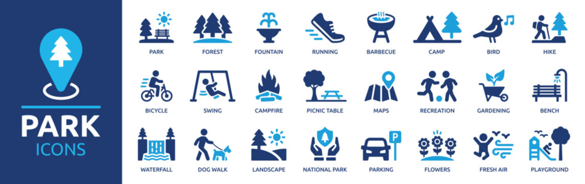 Park icon set. Containing forest, barbecue, camp, bench, picnic and playground icons. Park leisure and outdoor activity symbols. Solid icon collection.