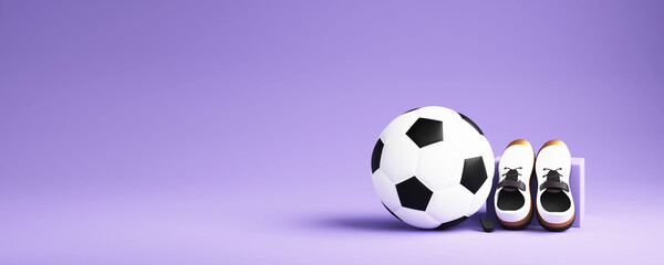 3D Render Of Soccer Ball With Whistle, Sports Shoes And Copy Space On Violet Background.