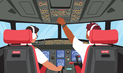 Pilots Wearing Headset or Headphones and Uniform Sitting in Chairs in Cabin of Plane Rear View. Aviators Drive Aircraft © Anna Syvak