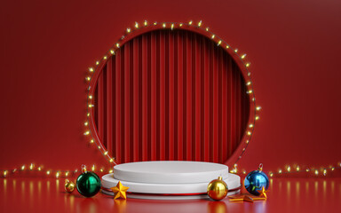 Red Podium Christmas Light Decoration New Year Product Display Template Mockup 3D Render © natanaelginting
