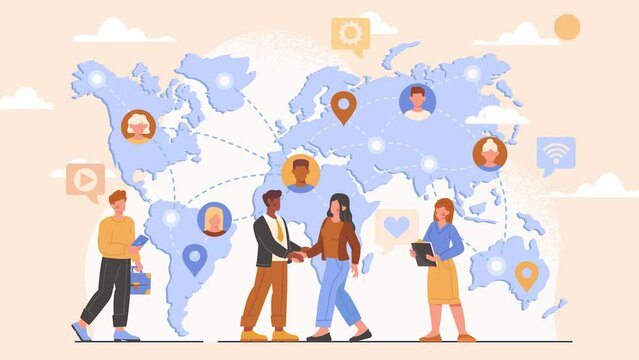 Successful partnership negotiation. Moving man and woman entrepreneurs make agreement and shake hands. Global or international business, collaboration and teamwork. Flat graphic animated cartoon