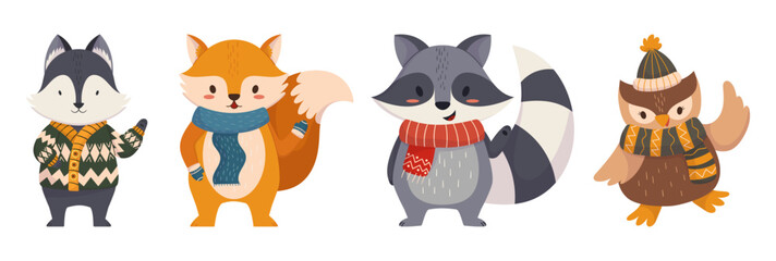 Raccoon, Fox and Owl Wear Funny Scandinavian Winter Sweaters and Scarf Waving Hand Greeting New Year or Christmas