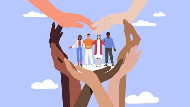 Unity and solidarity of people video concept. Moving group of smiling men and women stand together surrounded by heart shaped hands. Community, teamwork and tolerance. Flat graphic animated cartoon