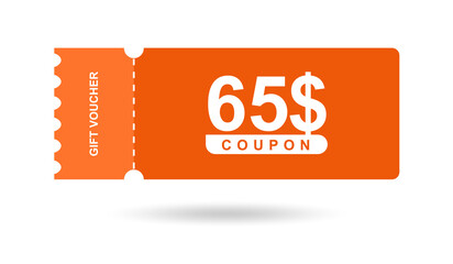 Gift voucher 65$. Coupon 65$ sale for website, internet ads, social media. Discount gift voucher, beautiful design. Big sale and super sale vector illustration