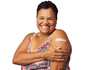 Vaccinated senior woman smiling happily on a transparent background - obrazy, fototapety, plakaty