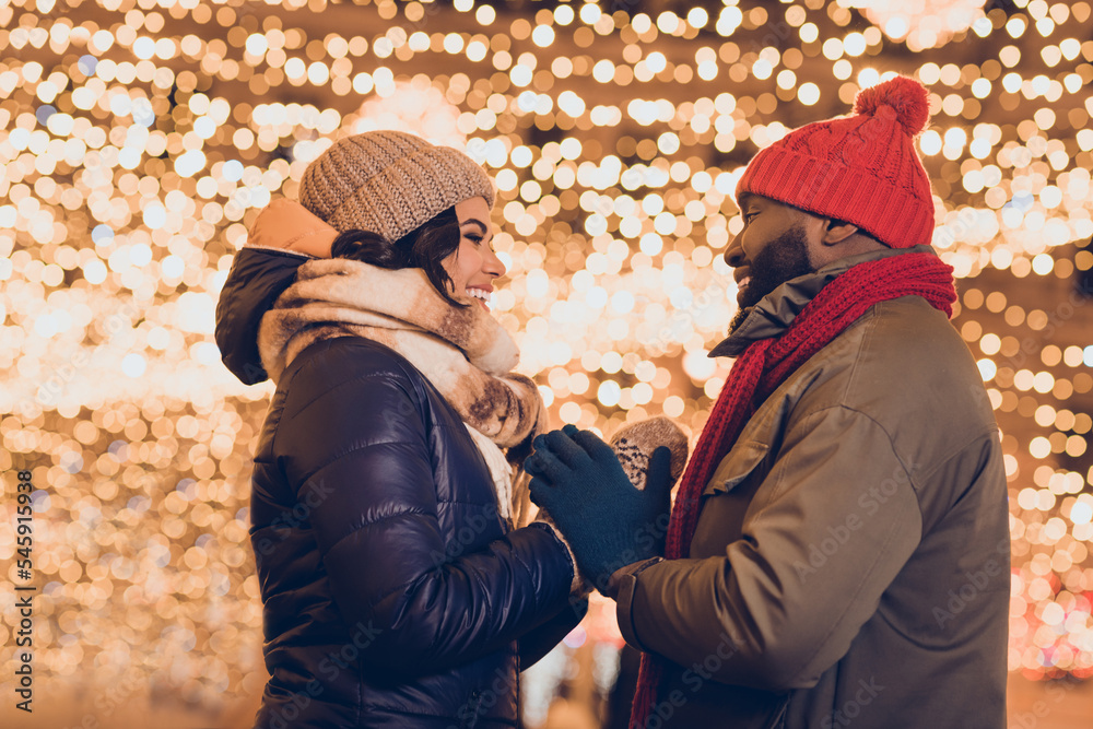 Canvas Prints Photo of pretty sweet husband wife wear winter season clothes enjoying xmas miracle outside urban city street