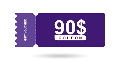 Gift voucher 90$. Coupon 90$ sale for website, internet ads, social media. Discount gift voucher, beautiful design. Big sale and super sale vector illustration