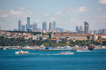 Fototapeta premium Maritime traffic at the Bosphorus strait in Istanbul. Transportation Turkey