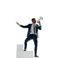 Victorious businessman shouting with a megaphone on a transparent background