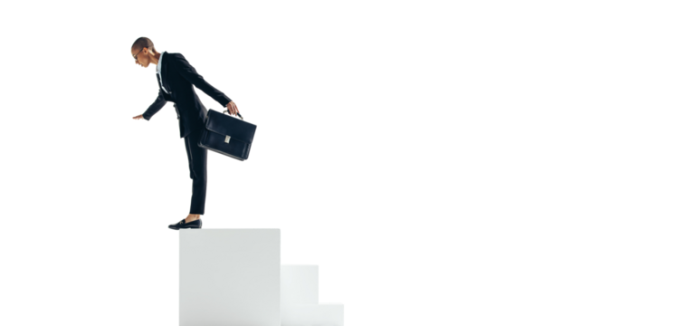 Young business woman looking before jumping off a block of stairs on a transparent background