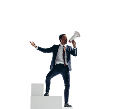 Victorious businessman shouting with a megaphone on a transparent background