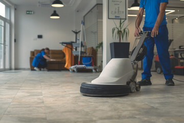 Worker polishing hard floor with high speed polishing machine while other cleaner cleans rhe table...